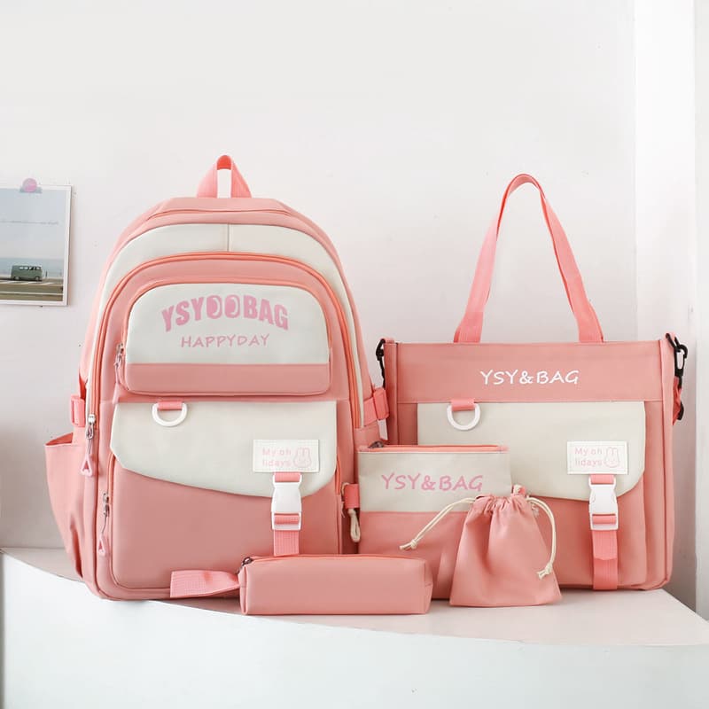 Sac à Dos Multifonctionnel Kawaii Grand Volume Imperméable et Résistant 5Pcs Rose SACKDS10RS - حقيبة ظهر بعدة قطع بتصميم كاوايي 