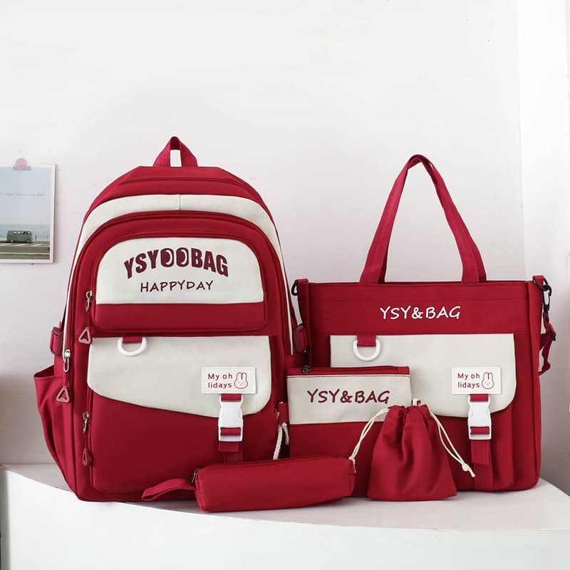 Sac à Dos Multifonctionnel Kawaii Grand Volume Imperméable et Résistant 5Pcs Rouge SACKDS10RG - حقيبة ظهر بعدة قطع بتصميم كاوايي 