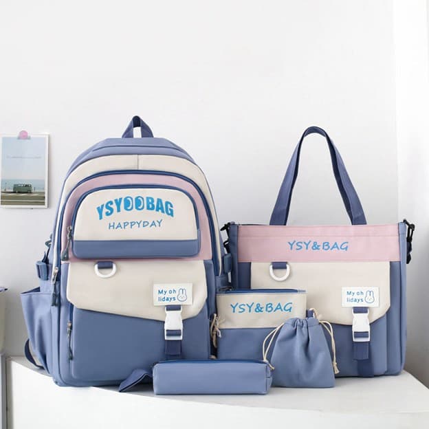 Sac à Dos Multifonctionnel Kawaii Grand Volume Imperméable et Résistant 5Pcs Bleu SACKDS10BL - حقيبة ظهر بعدة قطع بتصميم كاوايي 
