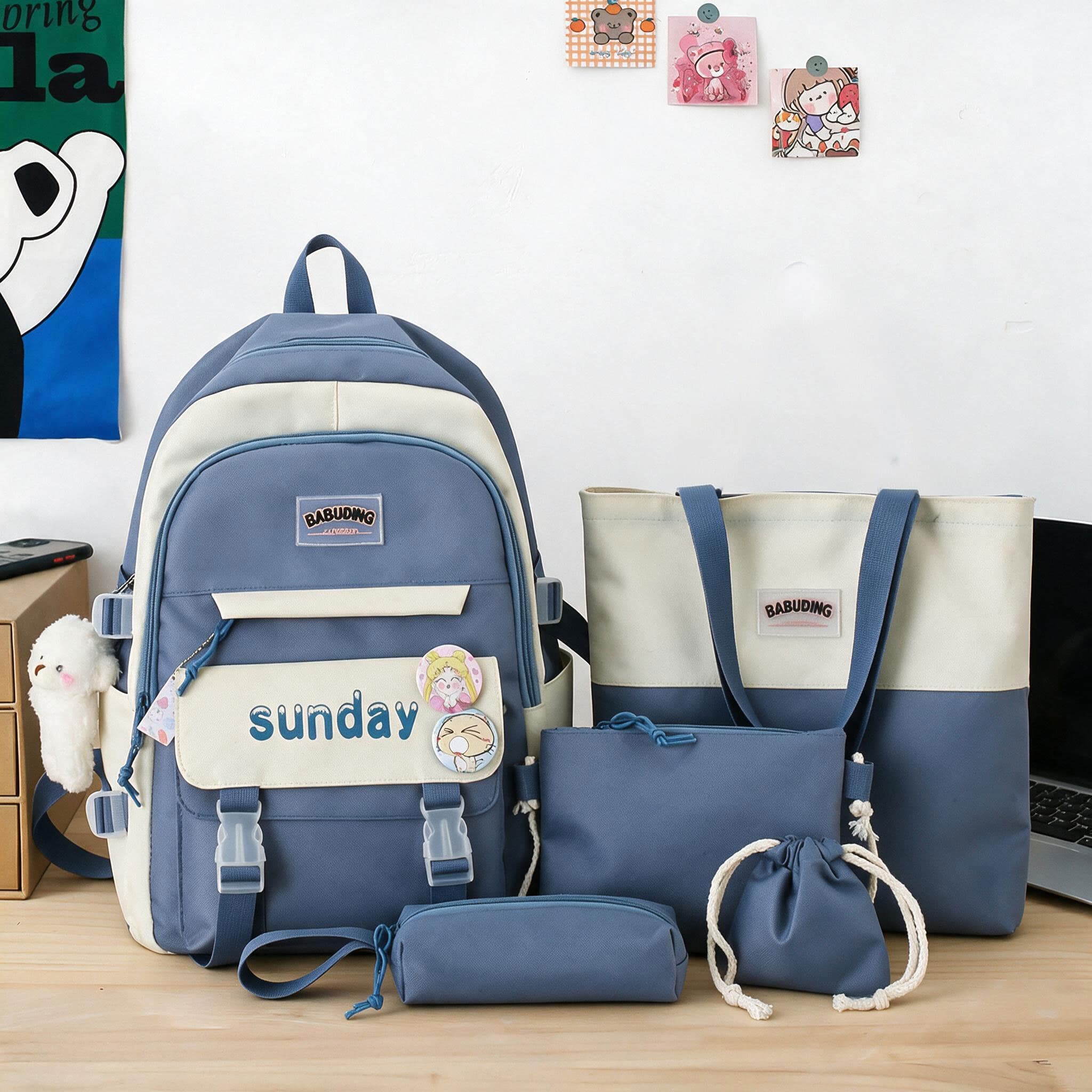 Sac à Dos Multifonctionnel Kawaii Grand Volume Imperméable et Résistant 5Pcs Bleu SACKDS14BL - حقيبة ظهر بعدة قطع بتصميم كاوايي 