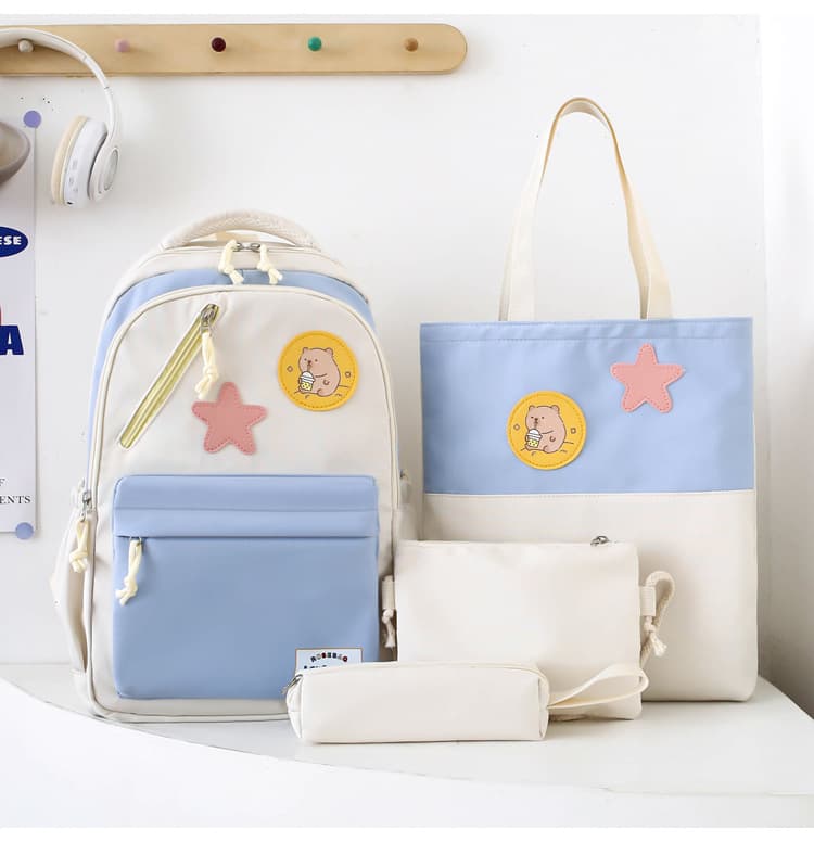 Sac à Dos Multifonctionnel Kawaii Grand Volume Imperméable et Résistant 4Pcs Bleu et Beige SACKDS02B - حقيبة ظهر بعدة قطع بتصميم كاوايي