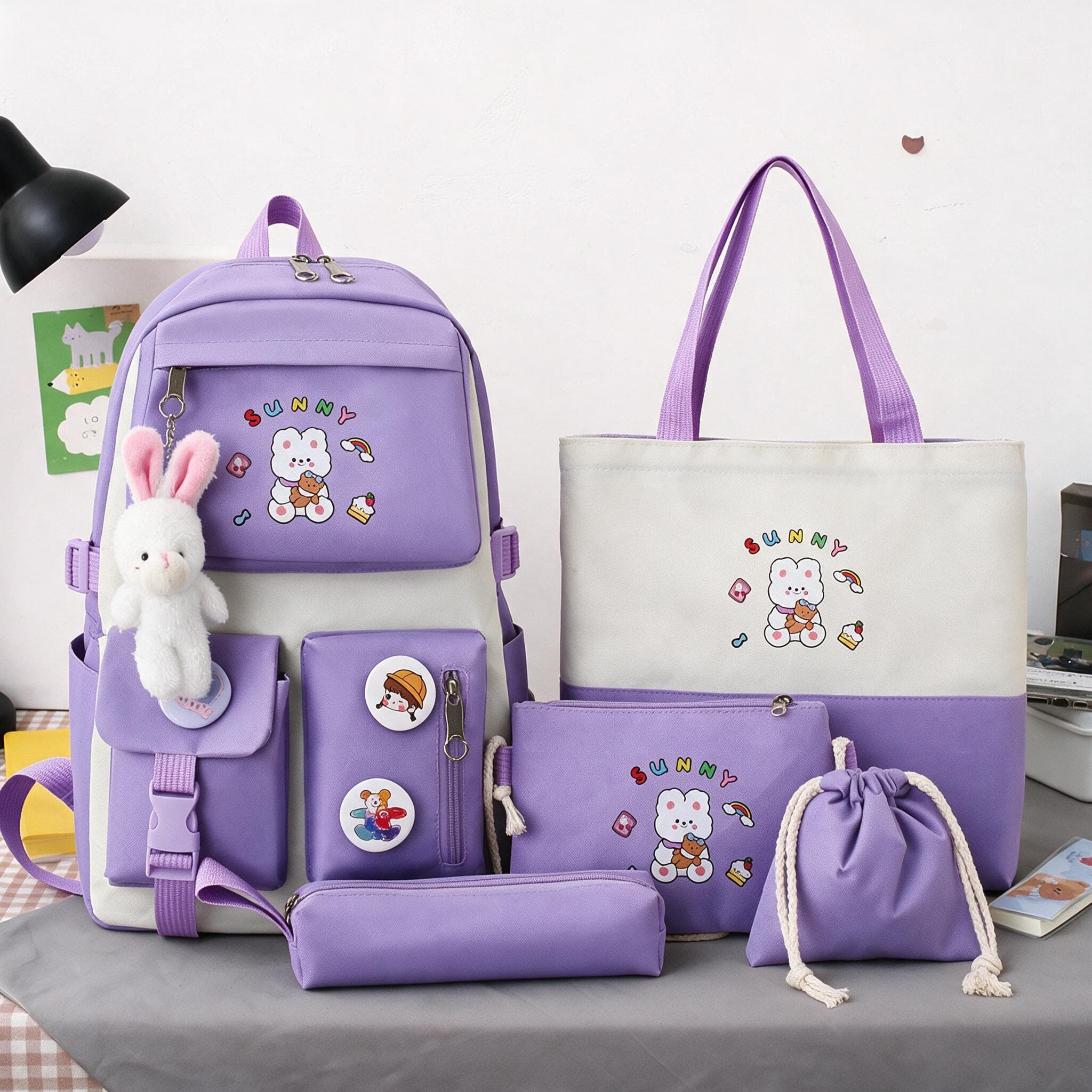 Sac à Dos Multifonctionnel Kawaii Grand Volume Imperméable et Résistant 5Pcs Mauve SACKDS15MV - حقيبة ظهر بعدة قطع بتصميم كاوايي 