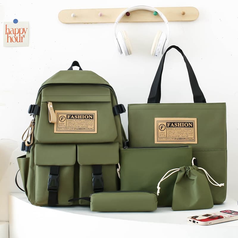 Sac à Dos Multifonctionnel Kawaii Grand Volume Imperméable et Résistant 5Pcs Vert SACKDS36V - حقيبة ظهر بعدة قطع بتصميم كاوايي