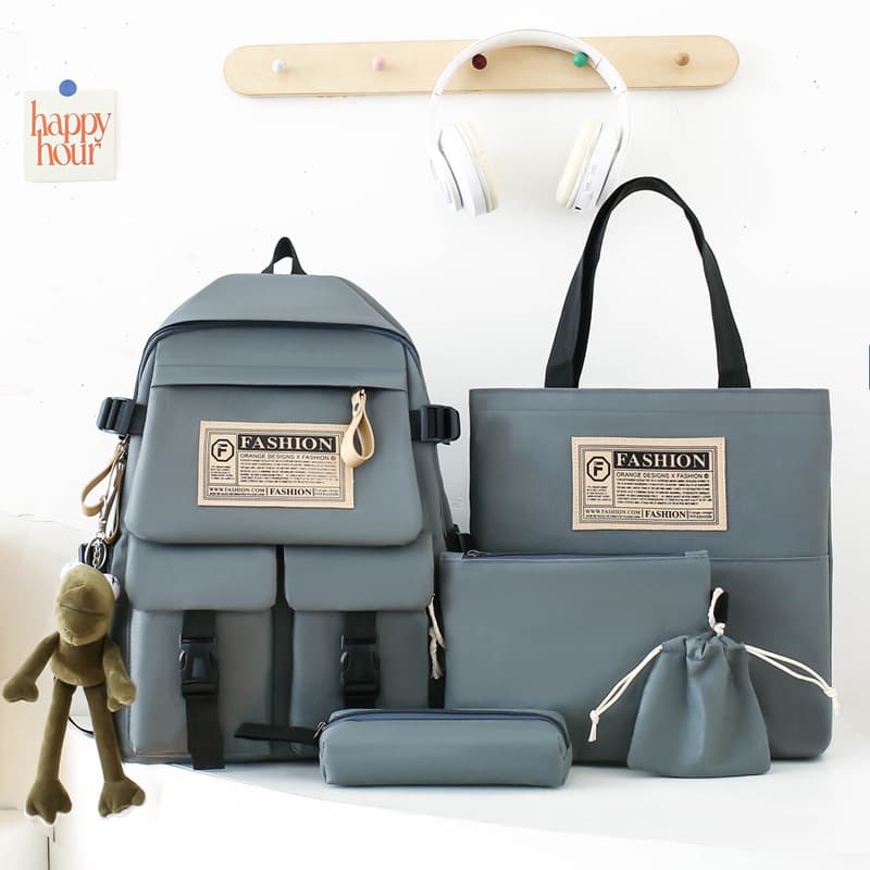 Sac à Dos Multifonctionnel Kawaii Grand Volume Imperméable et Résistant 5Pcs Gris SACKDS36GRS - حقيبة ظهر بعدة قطع بتصميم كاوايي