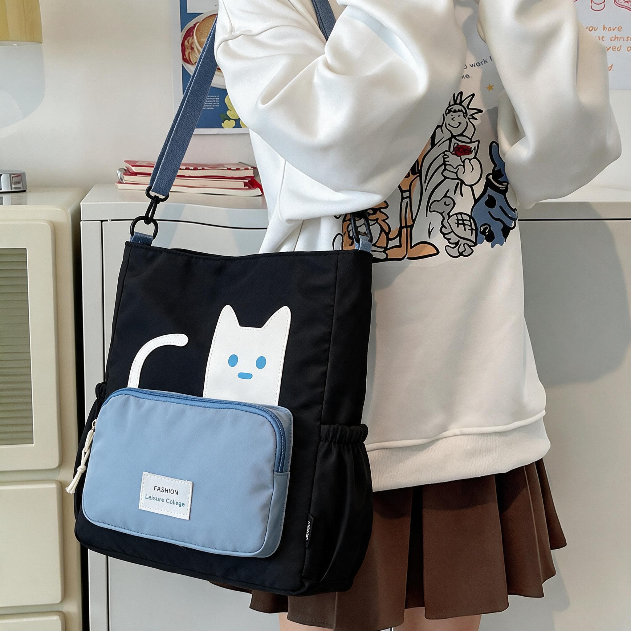 Sac Cabas Femme Motif Chat Grande Capacité pour Shopping et Quotidien Noir - حقيبة يد نسائية
