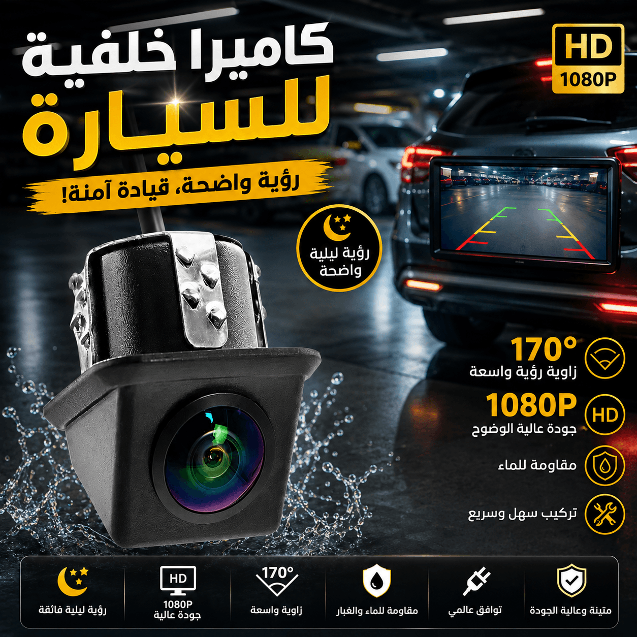 Caméra de Recul HD Auto Angle 170° Étanche Assistance au Stationnement - كاميرا الروئية الخلفية للسيارة عالية الدقة 