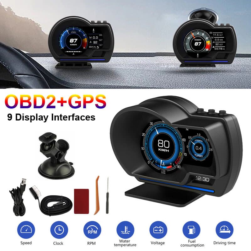 Afficheur Tête Haute HUD Intelligent Pour Voiture Système Double OBD2 + GPS 10 Alarme de Vitesse et Écran LCD - عداد السرعة الرقمي والشاشة الذكية للسيارة نظام مزدوج