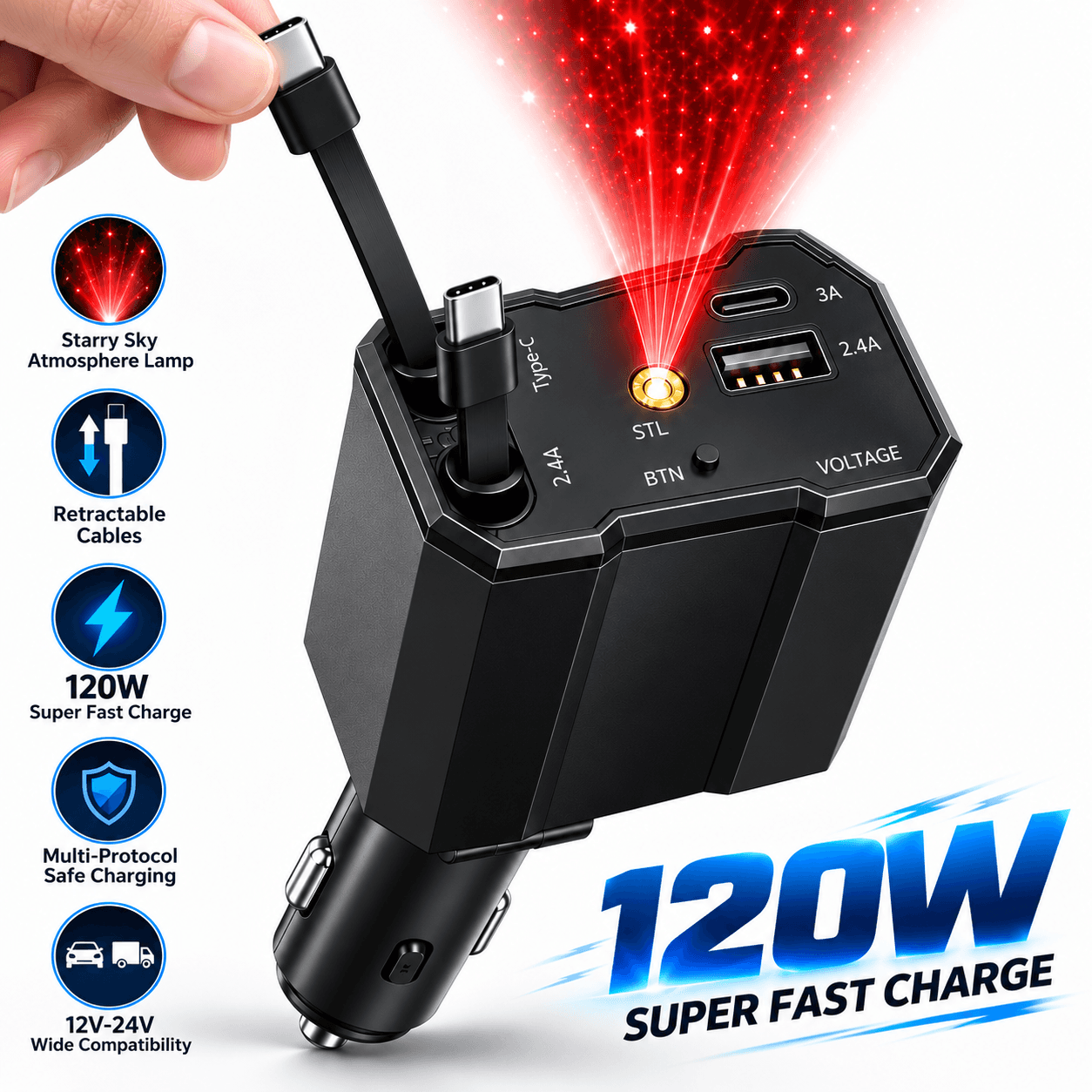 Chargeur 120W 5 en 1 avec Câbles Rétractables Ports USB,Type-C et Veilleuse Ciel Étoilé - شاحن سيارة سريع 120 واط متعدد المنافذ مع إضاءة سقف نجوم