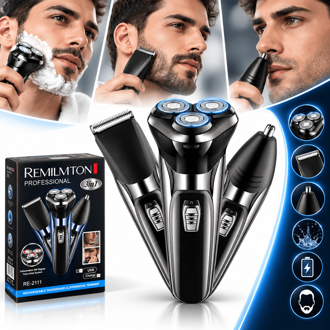 Remilmton Tondeuse Professional 3in1 pour Hommes RE-2111 - ماكينة حلاقة احترافية 3 في 1 للرجال