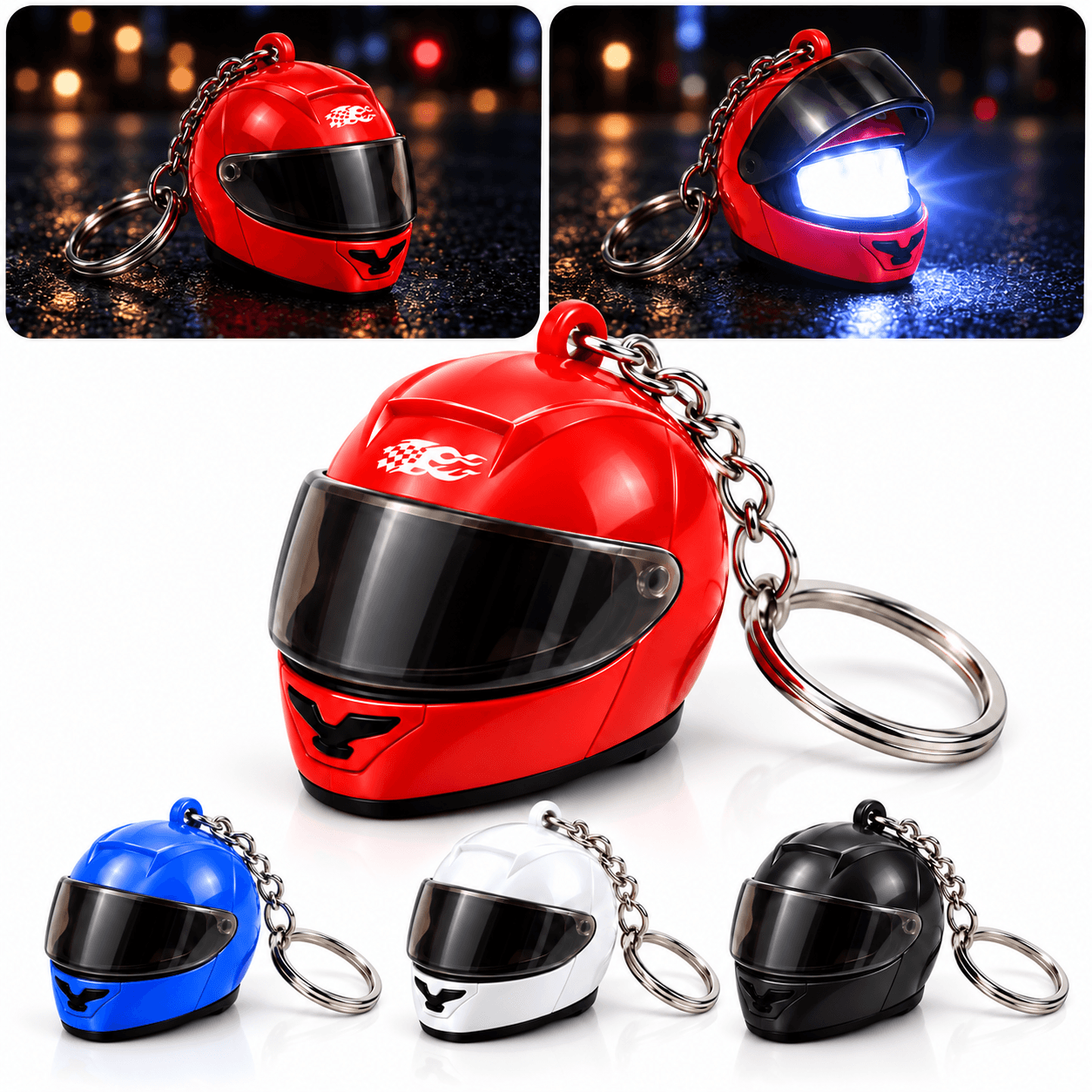 Porte-clés LED pour casque de moto , lampe torche portable style casque pour les voyages et le quotidien - سلسلة مفاتيح مزودة بإضاءة LED لخوذة الدراجة النارية، مصباح يدوي محمول على شكل خوذة للسفر والاستخدام اليومي
