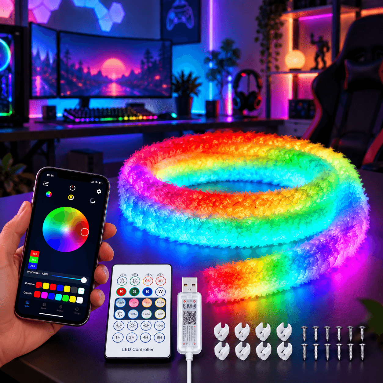 Bande LED RGBIC Intelligente Fluffy Light 360° USB App Control - شريط إضاءة ليد ذكي إضاءة محيطية 360 درجة