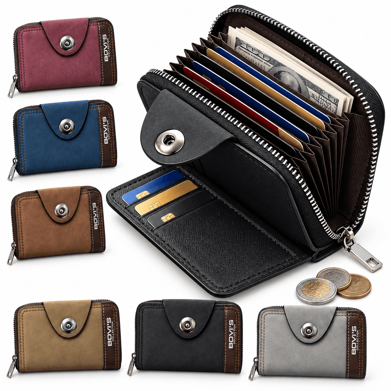 Portefeuille Porte-Cartes Sécurisé Zippé en Simili Cuir Bovi  - محفظة وحاملة بطاقات جلدية متعددة الجيوب بسحاب