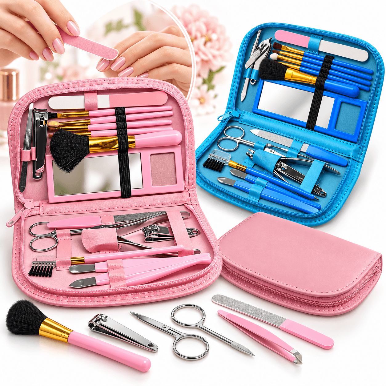 Kit de Manucure, Pédicure et Maquillage 18 Pièces avec Pochette et Miroir - طقم العناية بالأظافر والمكياج 18 قطعة مع حقيبة ومرآة