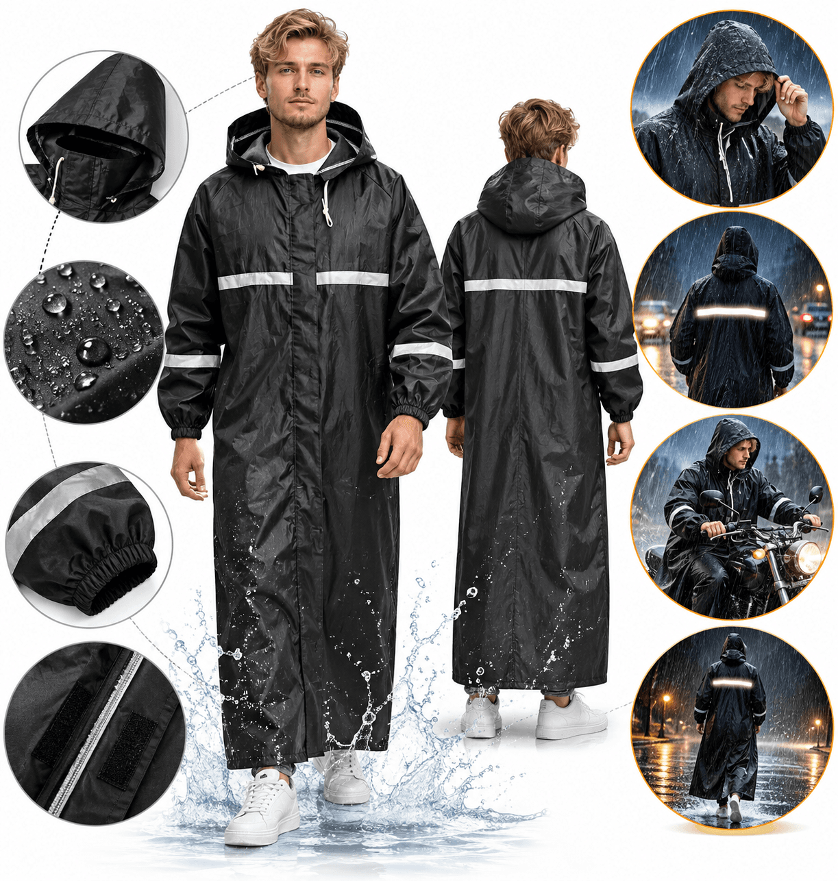 Imperméable Long pour Moto avec Bandes Réfléchissantes - معطف طويل مقاوم للأمطار للدراجة النارية مع عواكس ضوئية