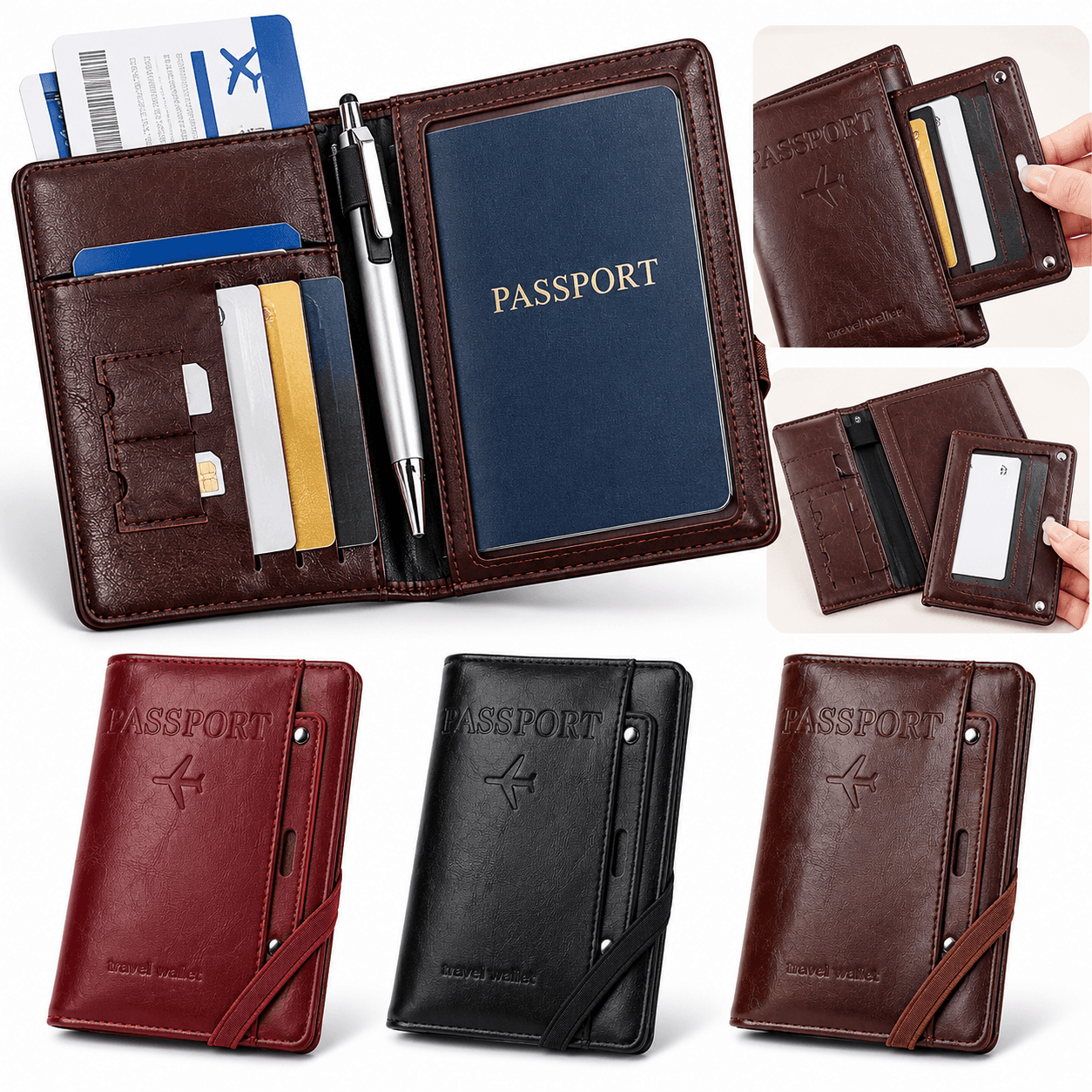 Porte-Passeport de Voyage en Cuir PU avec Protection RFID - محفظة جواز سفر جلدية متعددة الجيوب 