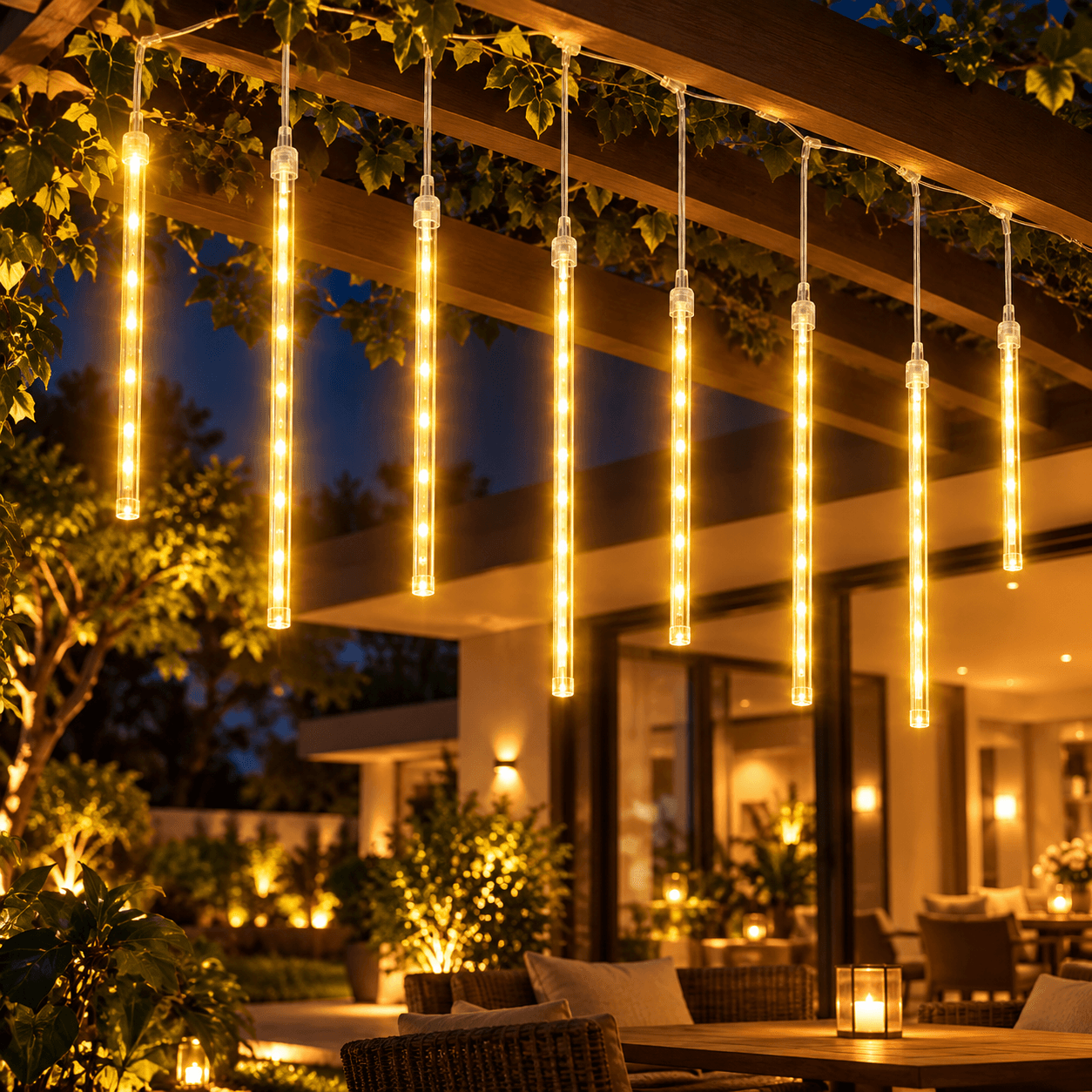 Lumière de Pluie de Météores LED Blanc Chaud 8 Pièces - أضواء شهب متساقطة باللون الذهبي الدافئ 8 قطع