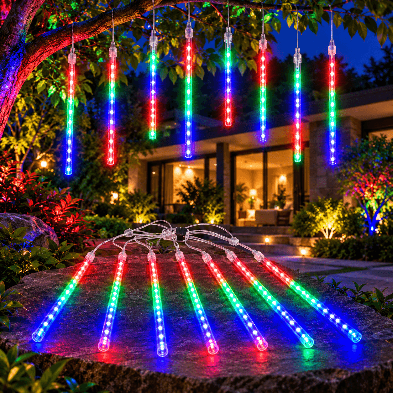 Lumière de Pluie de Météores LED RGB 8 Pièces pour Extérieur - أضواء شهب متساقطة ملونة لتزيين الحدائق والواجهات 8 قطع