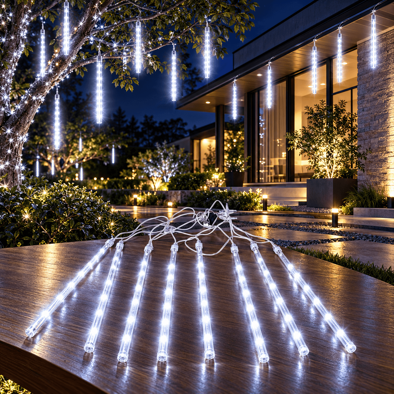 Lumière de Pluie de Météores LED Blanc 8 Pièces pour Extérieur - أضواء شهب متساقطة بيضاء لتزيين الحدائق والواجهات 8 قطع