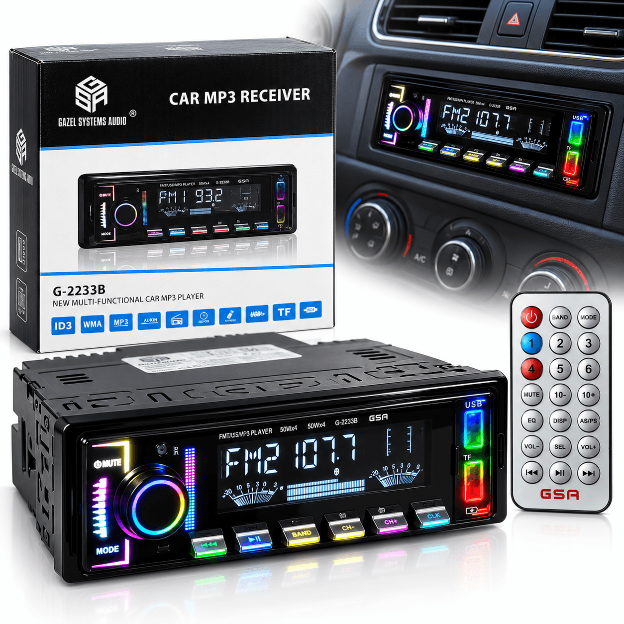 Autoradio MP3 Bluetooth avec Éclairage RGB USB et Télécommande G-2233B  - راديو سيارة بلوتوث بإضاءة وجهاز تحكم عن بعد