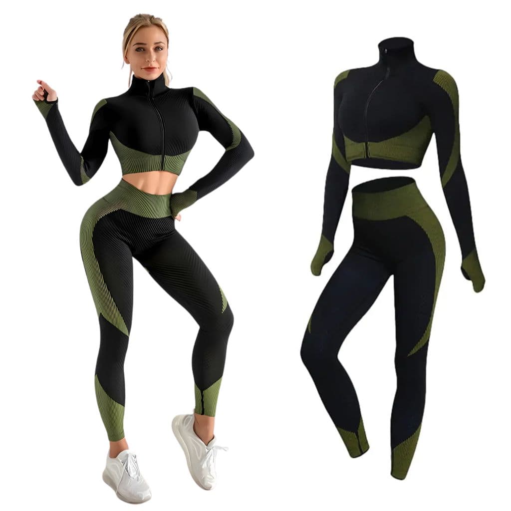 Ensemble de sport extensible pour femme 2 Pcs - Noir,Vert
