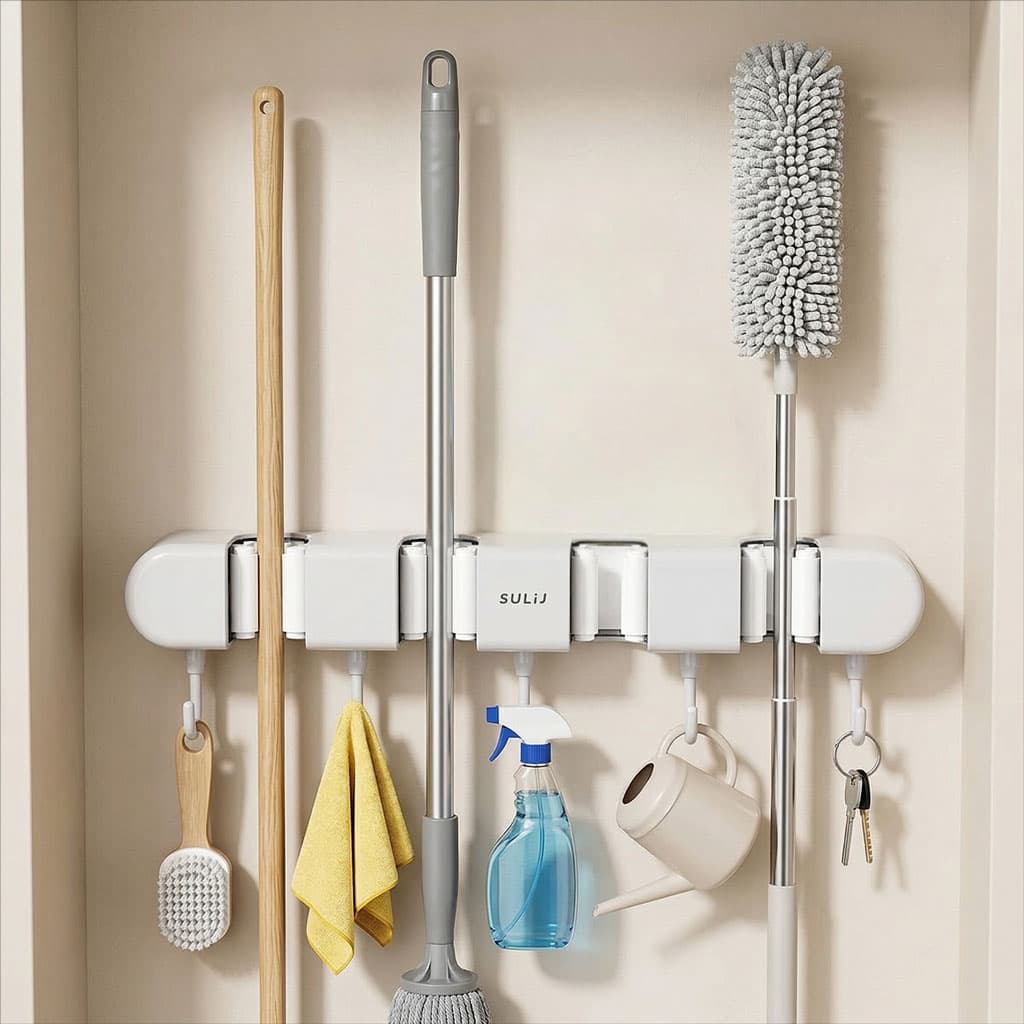 Support mural pour balai avec Crochets pour serpillière - حامل مكنسات التنظيف