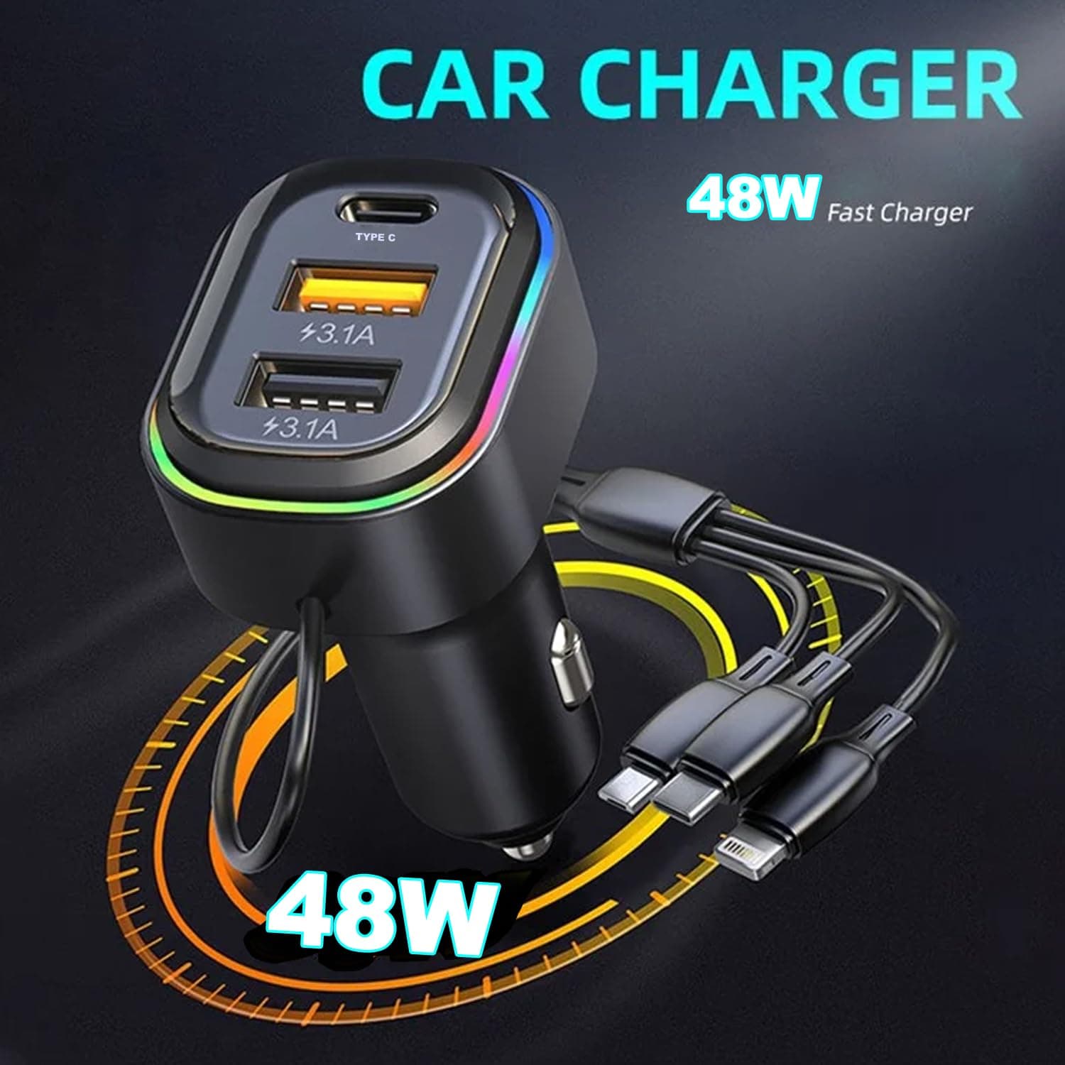 Chargeur de voiture à 3 ports avec câble de charge 3 en 1 intégré (Lightning/Type-C/Micro USB) - شاحن سيارة