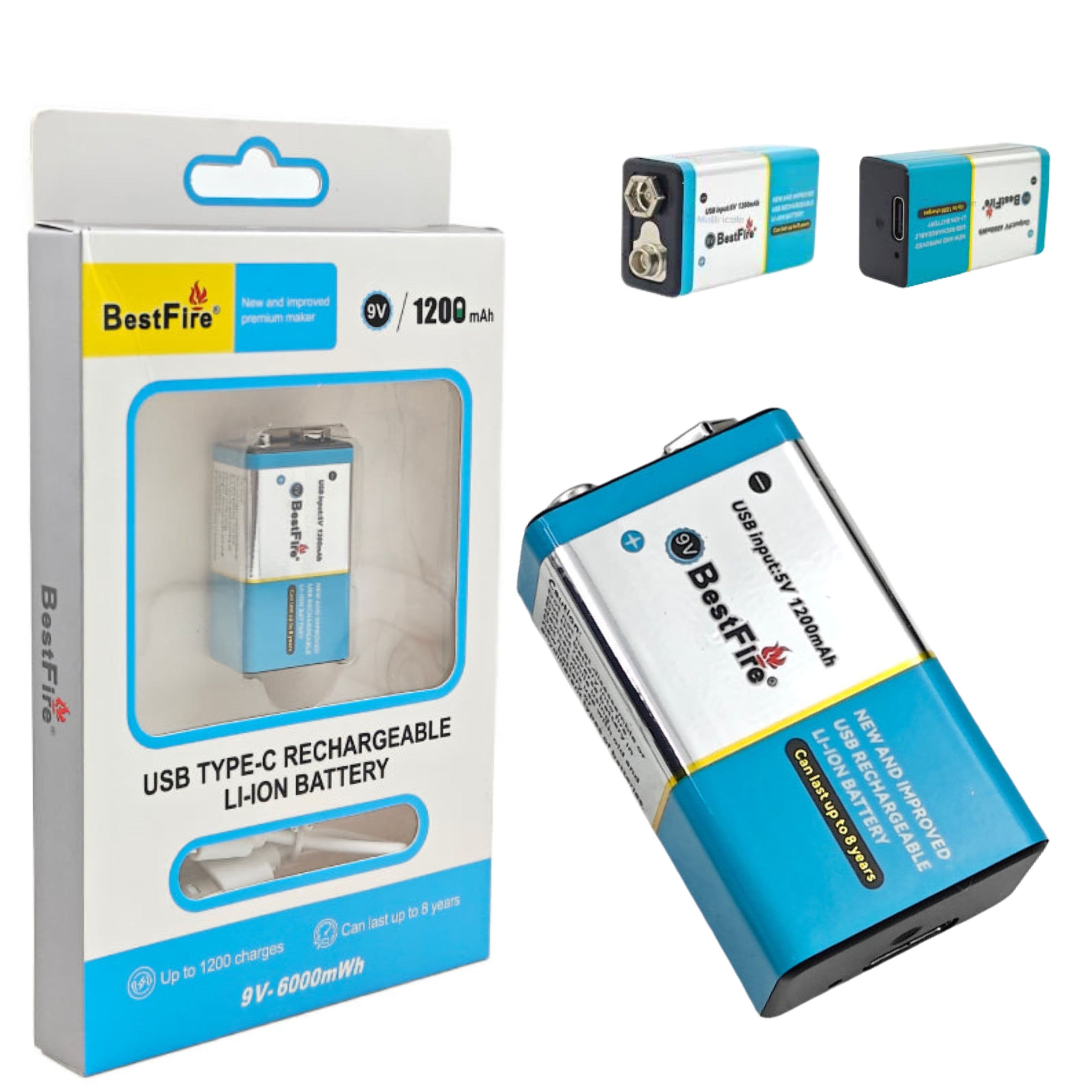 Pile rechargeable USB type C 9V 1200mWh en lithium BestFire - بطارية ليثيوم قابلة لإعادة الشحن