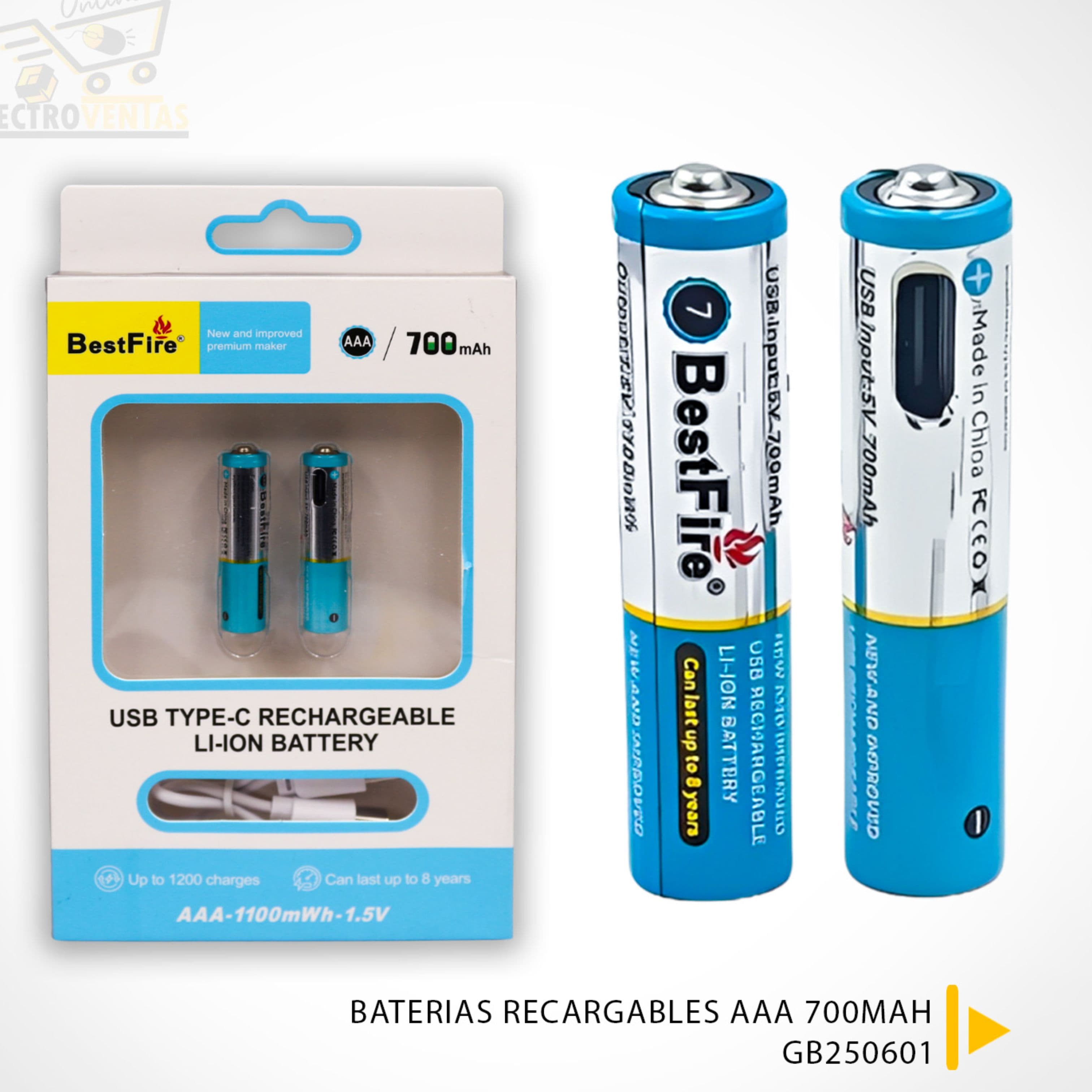 Pile rechargeable USB type C AAA 700mWh en lithium BestFire - بطارية ليثيوم قابلة لإعادة الشحن