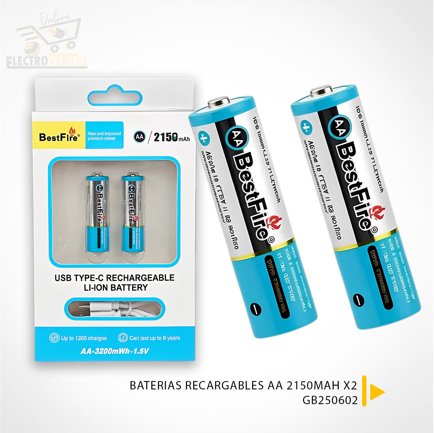 BestFire AA USB Type-C 2150mAh Rechargeable Li-ion Battery - 3200mWh(1.5V) - بطارية ليثيوم قابلة لإعادة الشحن