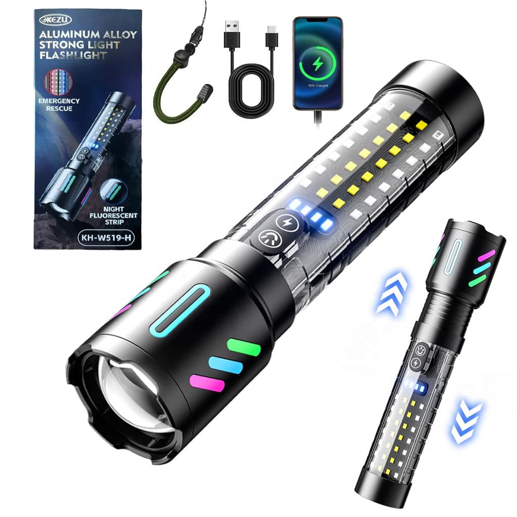 Lampe Torche Tactique LED Rechargeable USB-C - مصباح يدوي تكتيكي فائق السطوع (1000 لومين) مع إضاءة جانبية