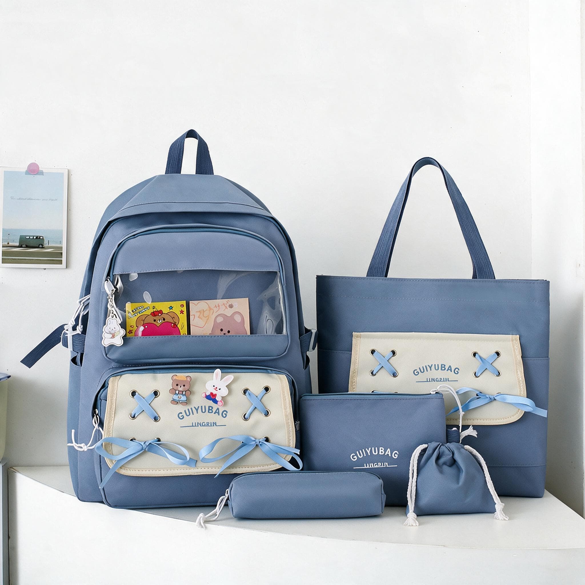 Sac à Dos Multifonctionnel Kawaii Grand Volume Imperméable et Résistant 5Pcs Bleu SACKDS11BL - حقيبة ظهر بعدة قطع بتصميم كاوايي