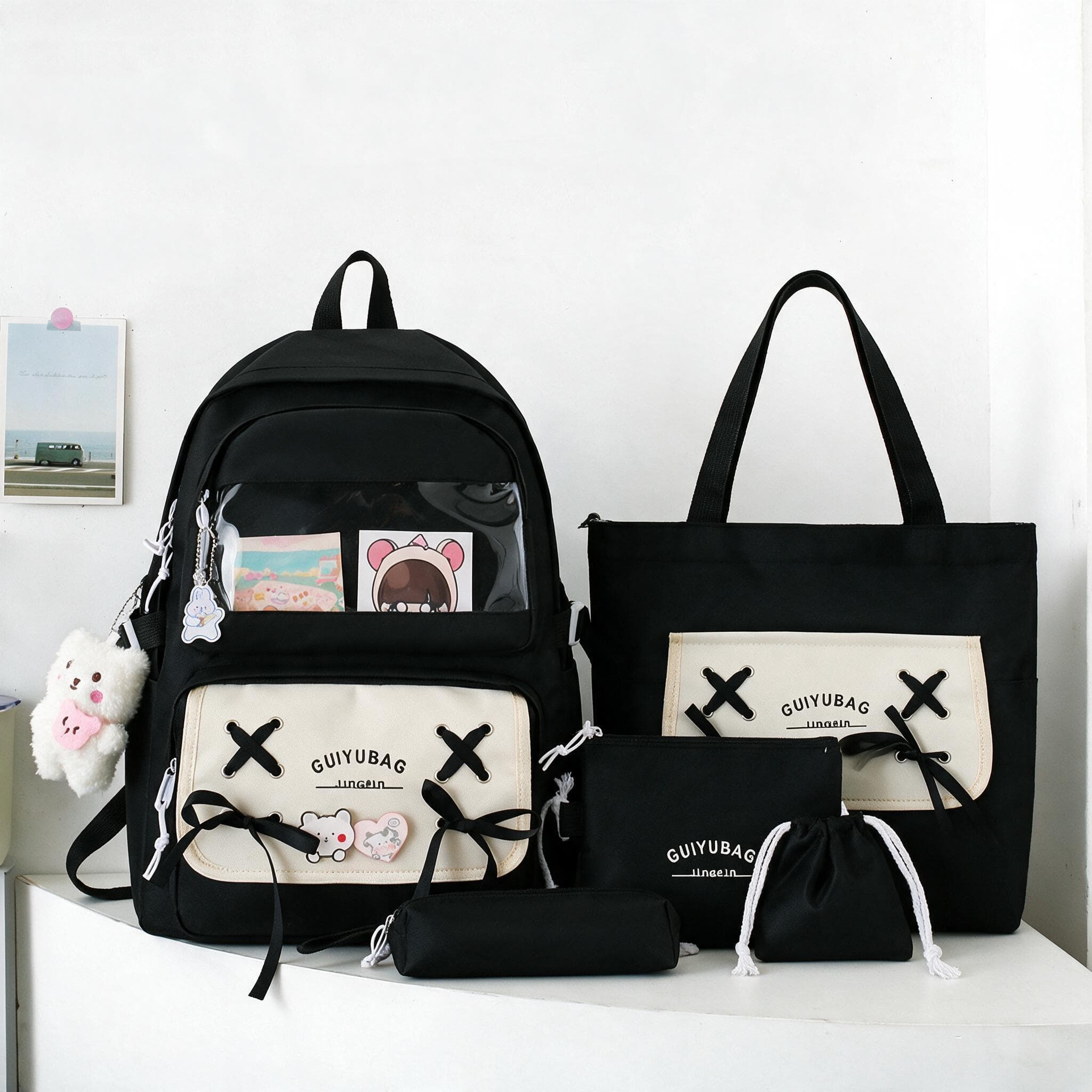 Sac à Dos Multifonctionnel Kawaii Grand Volume Imperméable et Résistant 5Pcs Noir SACKDS11N - حقيبة ظهر بعدة قطع بتصميم كاوايي