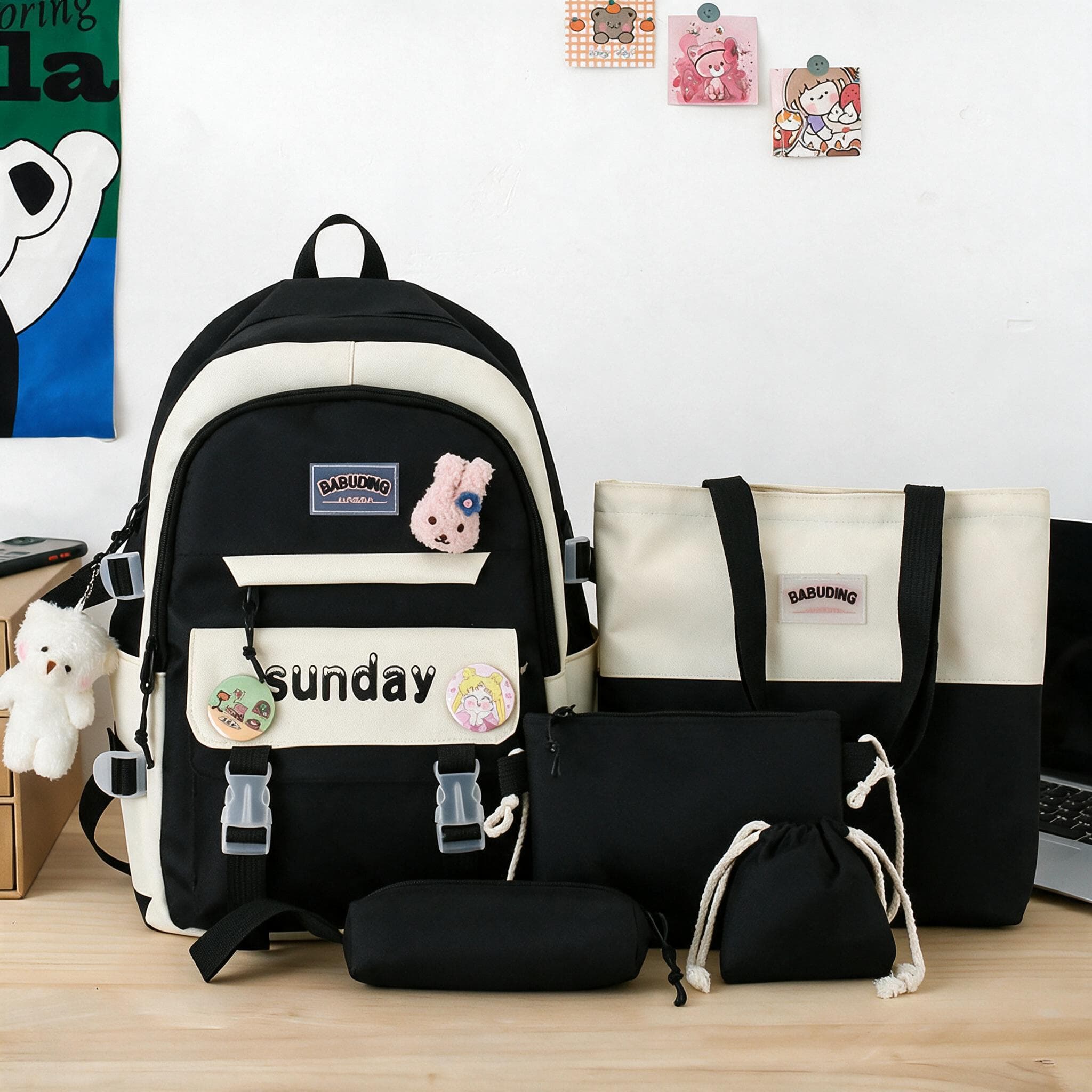 Sac à Dos Multifonctionnel Kawaii Grand Volume Imperméable et Résistant 5Pcs Noir SACKDS14N - حقيبة ظهر بعدة قطع بتصميم كاوايي