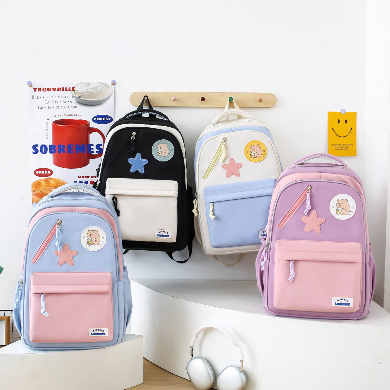 Sac à Dos Multifonctionnel Kawaii Grand Volume Imperméable et Résistant 4Pcs Noir SACKDS02N - حقيبة ظهر بعدة قطع بتصميم كاوايي