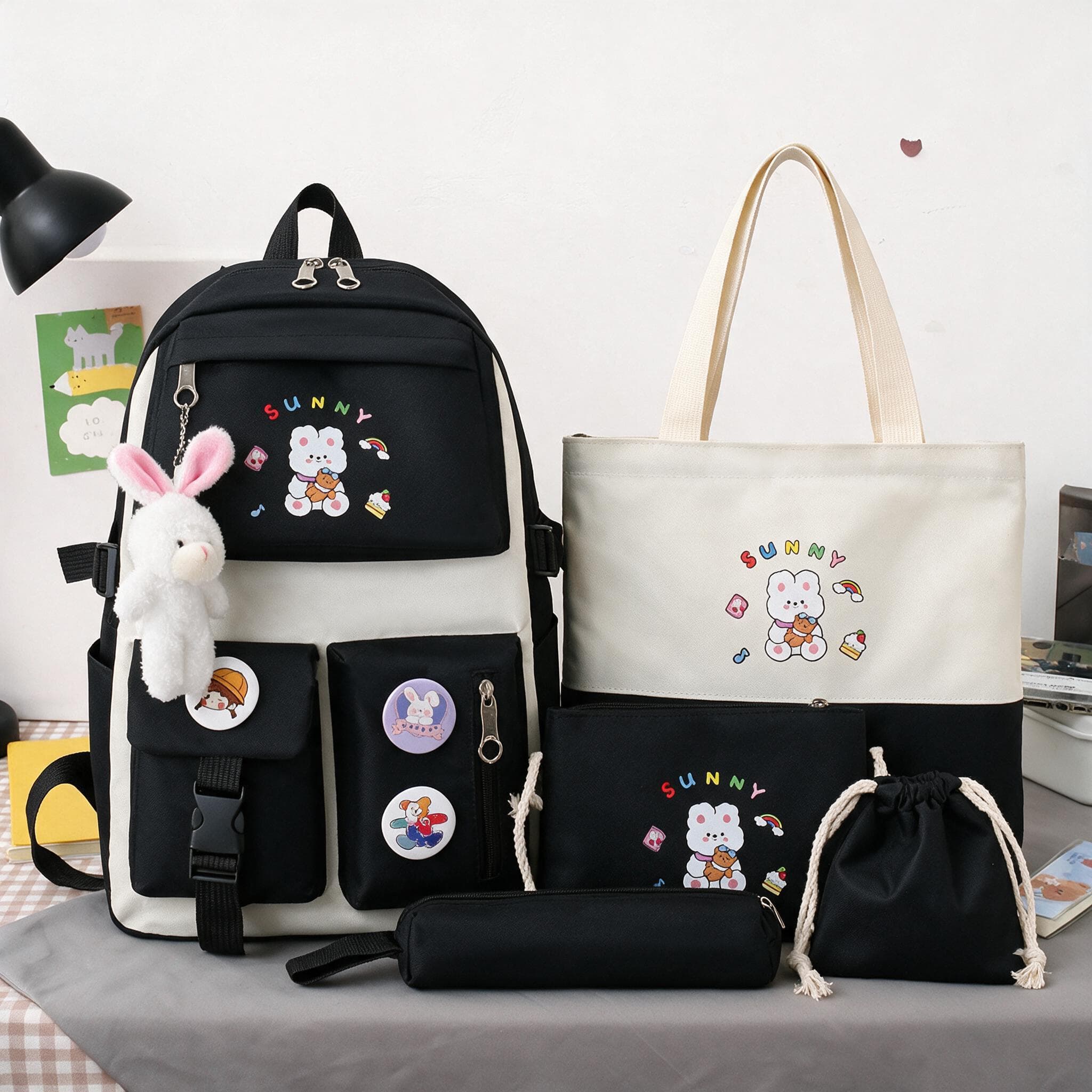 Sac à Dos Multifonctionnel Kawaii Grand Volume Imperméable et Résistant 5Pcs Noir SACKDS15N - حقيبة ظهر بعدة قطع بتصميم كاوايي