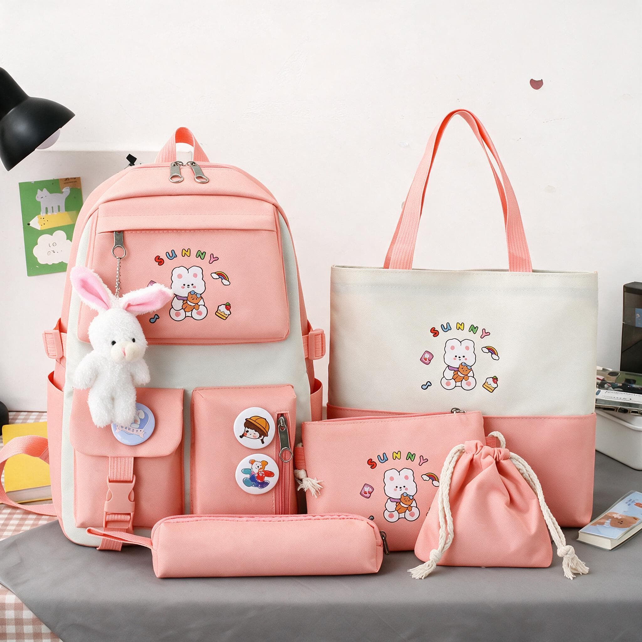 Sac à Dos Multifonctionnel Kawaii Grand Volume Imperméable et Résistant 5Pcs Rose SACKDS15RS - حقيبة ظهر بعدة قطع بتصميم كاوايي