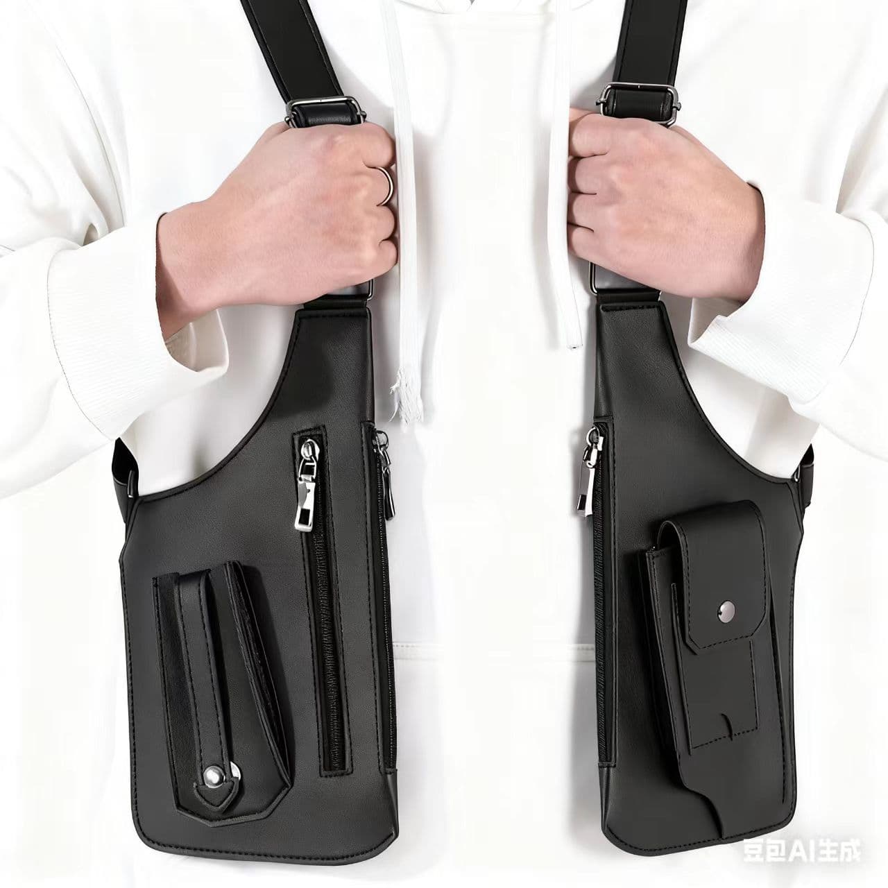 Sacoche Holster Homme Antivol en Cuir PU Double Bandoulière Réglable - حقيبة كتف مضادة للسرقة ومقاومة للماء للرجال