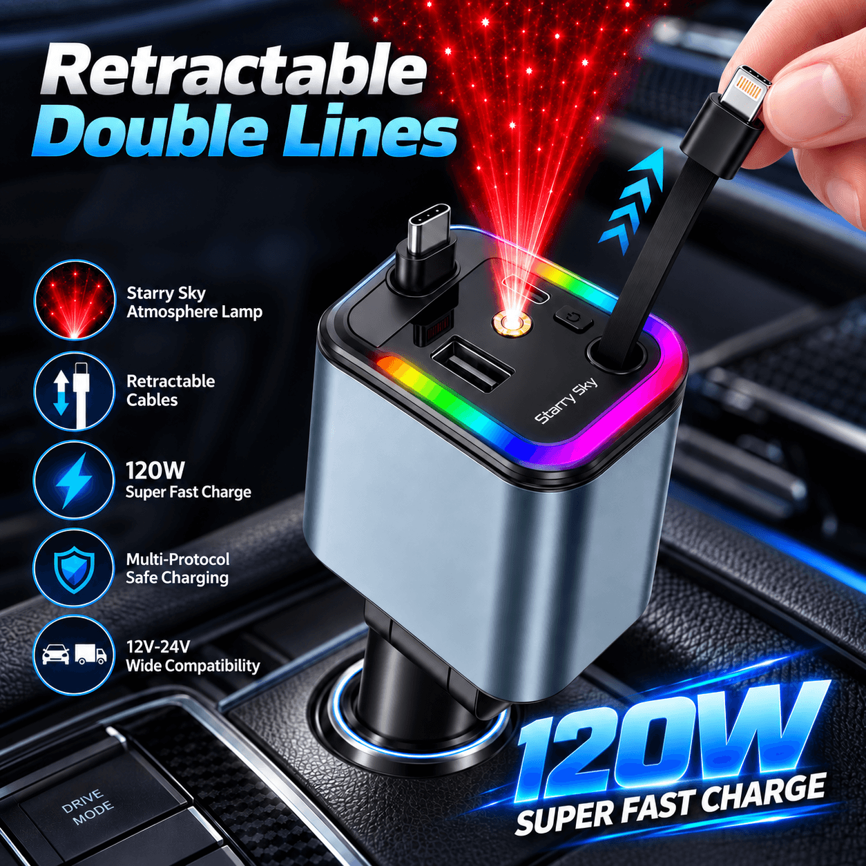 Chargeur de Voiture 120W Max 4 en 1 avec Câbles Rétractables et Ports USB/Type-C