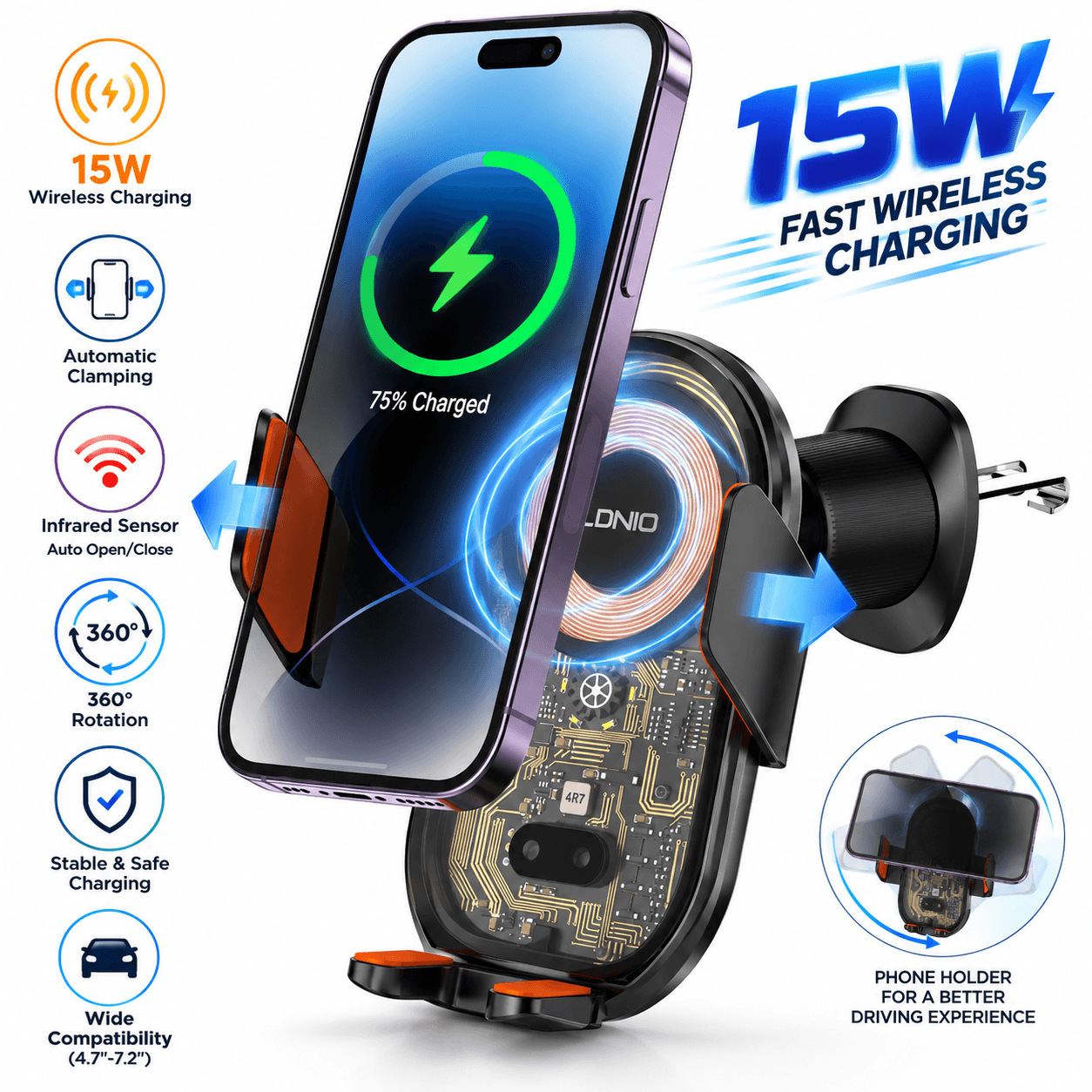 Support Téléphone Voiture avec Chargeur Sans Fil 15W Capteur Infrarouge LDNIO MA30 - حامل هاتف للسيارة وشاحن لاسلكي ذكي