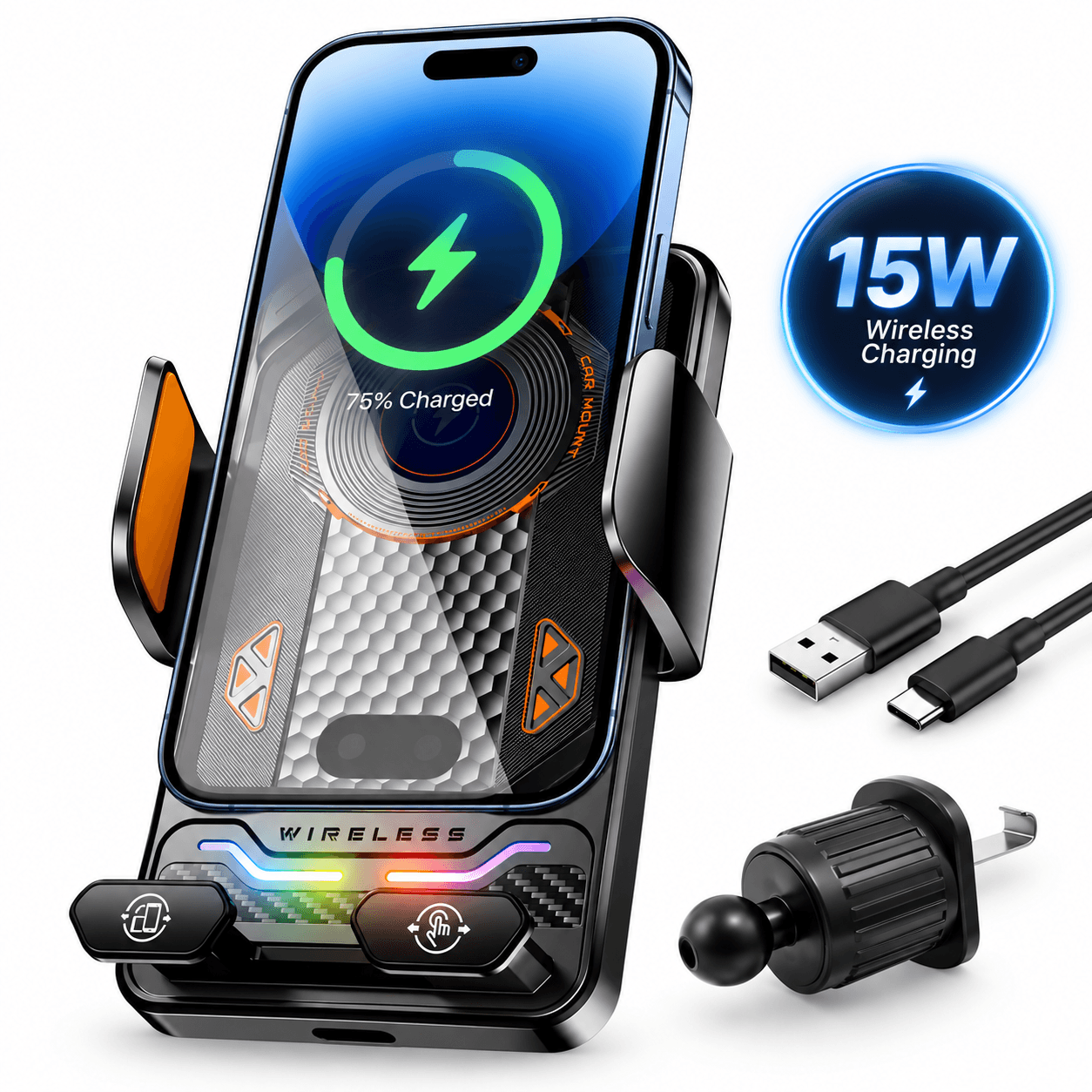 Support Téléphone Voiture avec Chargeur Sans Fil 15W Modèle F6 Induction Intelligente - حامل هاتف للسيارة مع شاحن لاسلكي سريع 15 واط