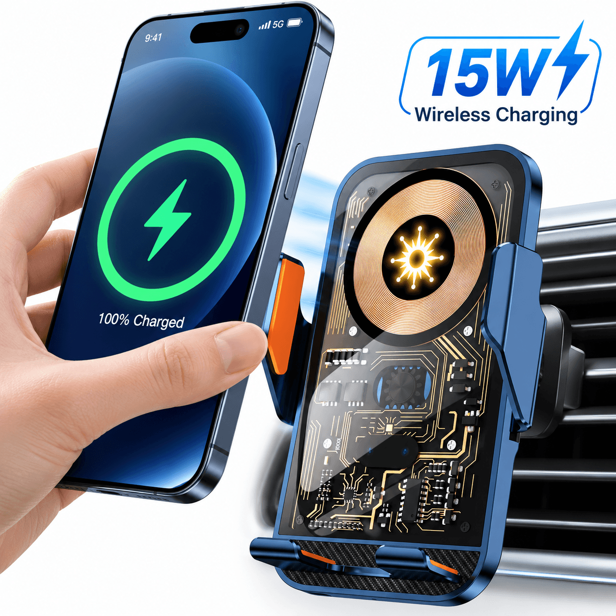 Support Téléphone Voiture avec Chargeur Sans Fil 15W Modèle C10 Design Transparent - حامل هاتف للسيارة مع شاحن لاسلكي سريع 15 واط موديل