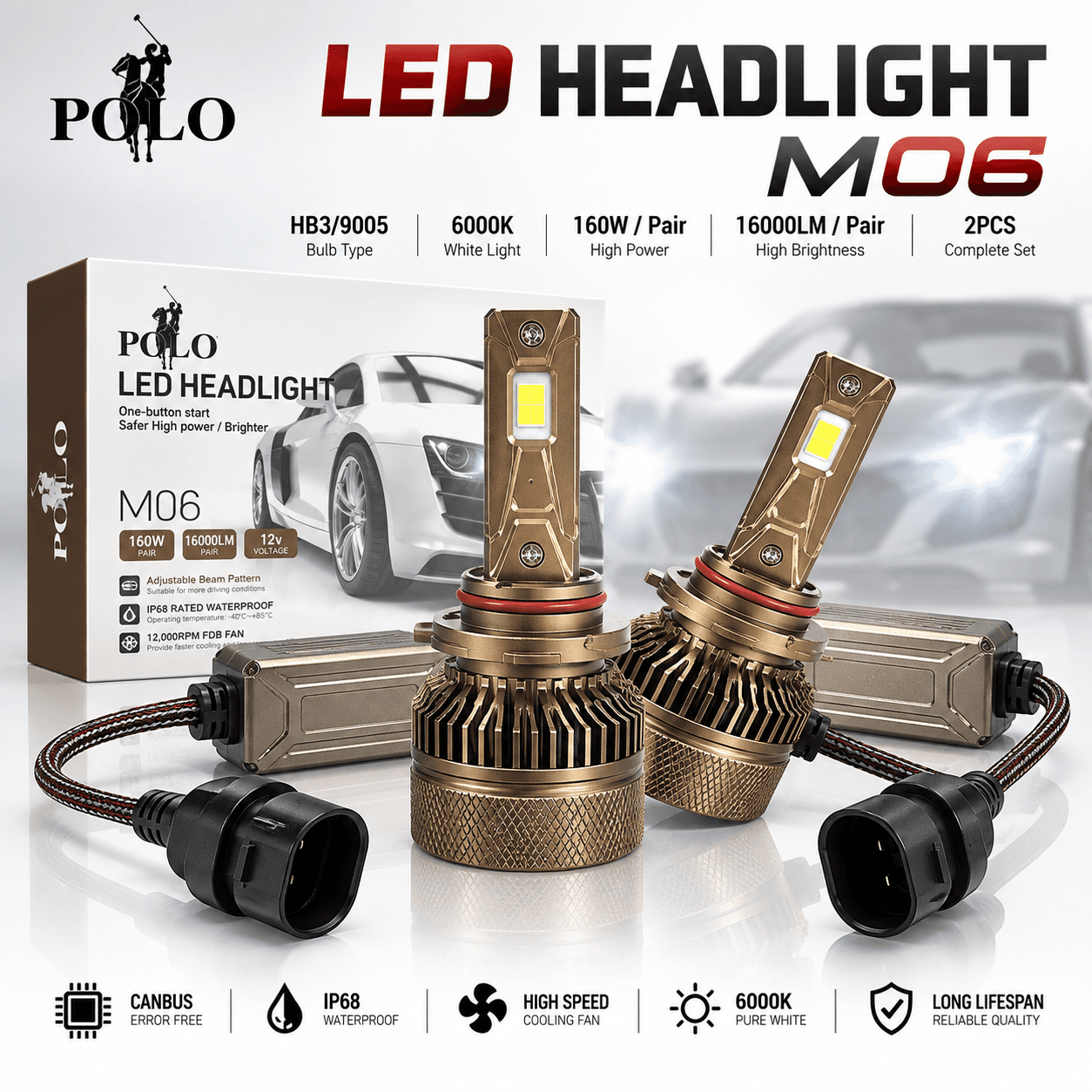 Ampoules de Phare LED POLO M06 160W, 16000LM HB3/9005 - لمبات إضاءة أمامية ليد للسيارات 160 واط