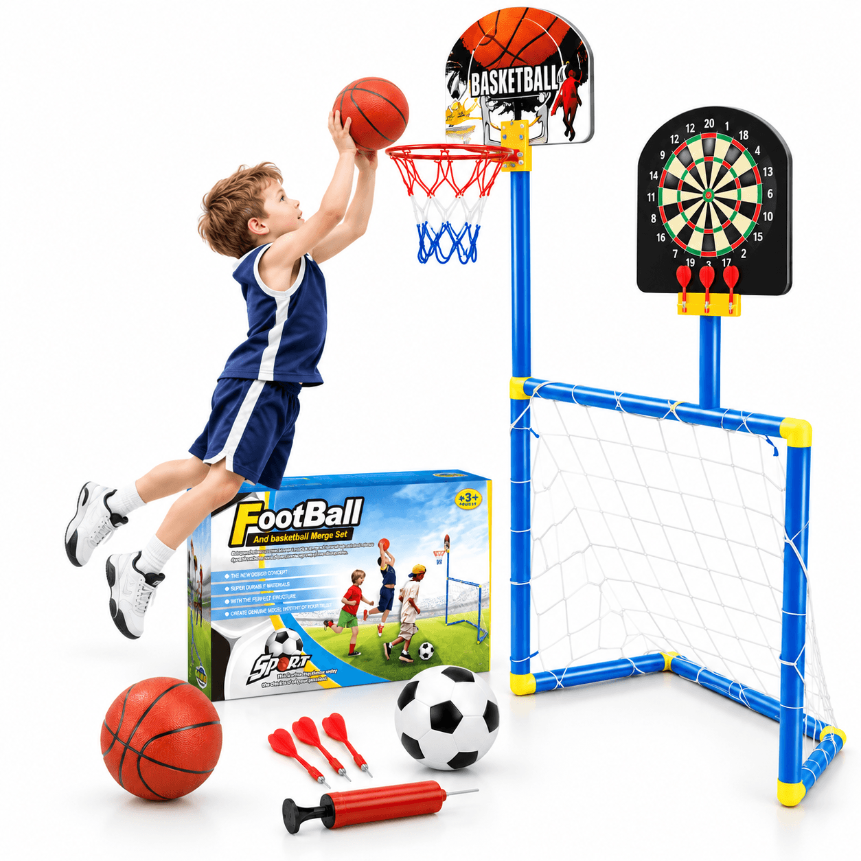 Kit de Jeux 3 en 1 Football, Basketball et Fléchettes - مجموعة ألعاب رياضية 3 في 1 (كرة قدم، سلة، ورمي السهام)
