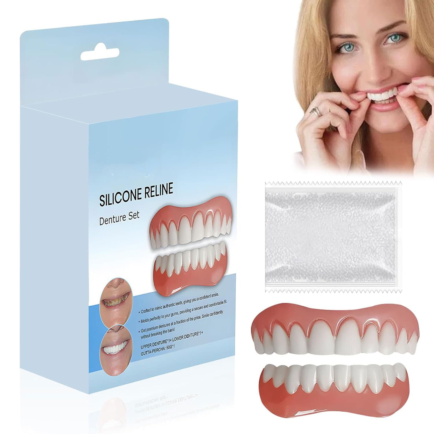Kit de Prothèse Dentaire Amovible en Silicone et Facettes Sourire - طقم أسنان تجميلي سيليكون وابتسامة مؤقتة
