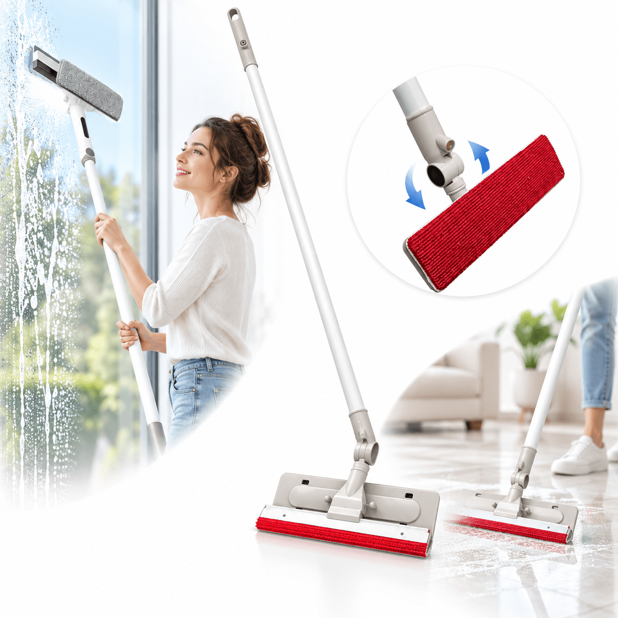 Balai Frottoir Vitre FIRLA avec Tête Rotative - ممسحة الزجاج برأس دوار ومقبض طويل