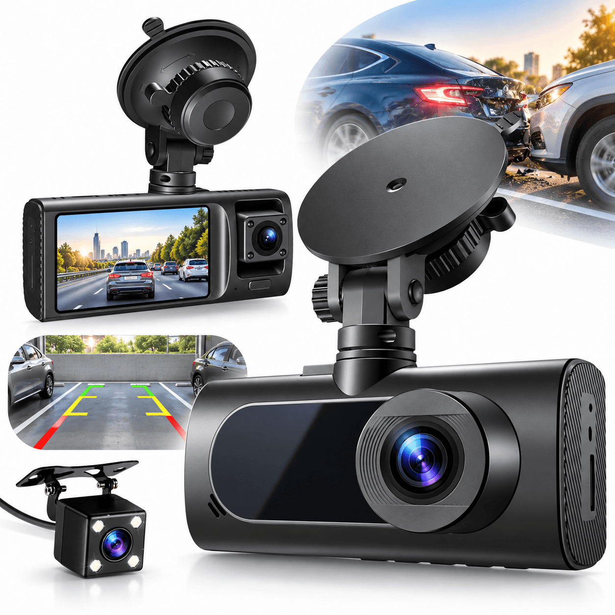 Caméra de Tableau de Bord Triple 3 Canaux et Dashcam Grand Angle - كاميرا سيارة داش كام ثلاثية العدسات للمراقبة الشاملة
