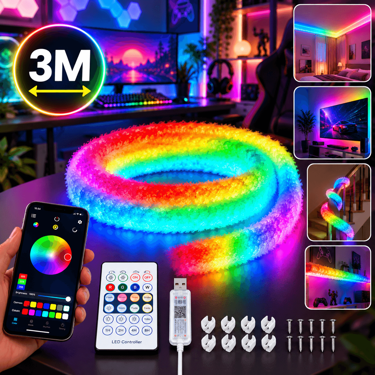 Bande LED RGBIC Intelligente Fluffy Light 360° USB App Control 3M - شريط إضاءة ليد ذكي إضاءة محيطية 360 درجة