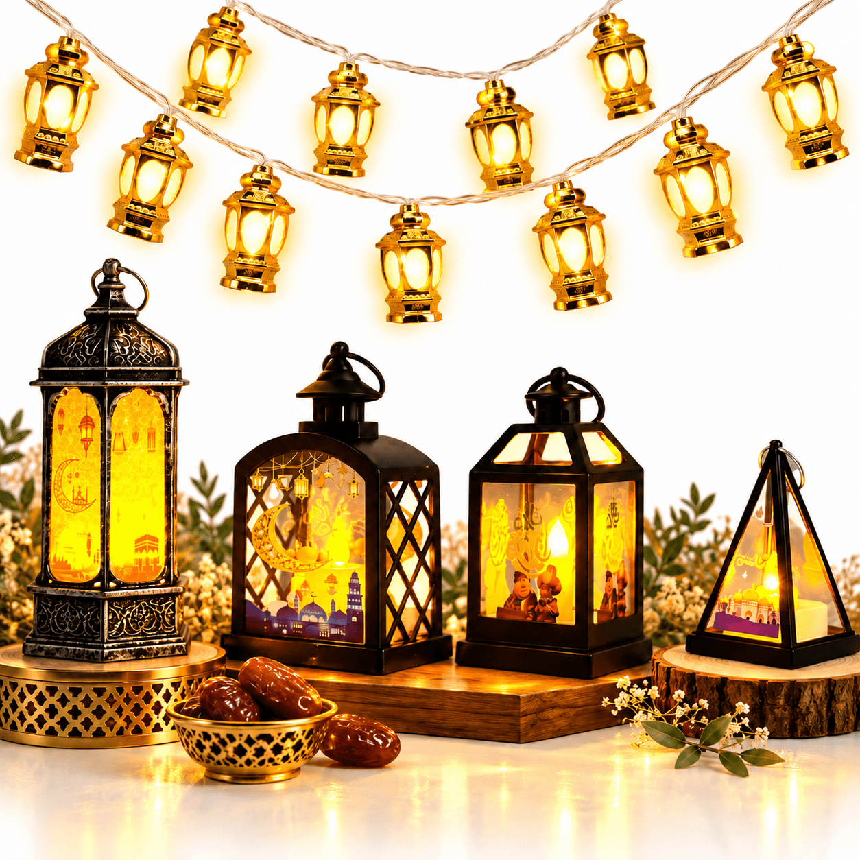Pack Décoration Ramadan Fawanis + Guirlande lumineuse 5Pcs - مجموعة زينة رمضان من فوانيس وستائر مضيئة