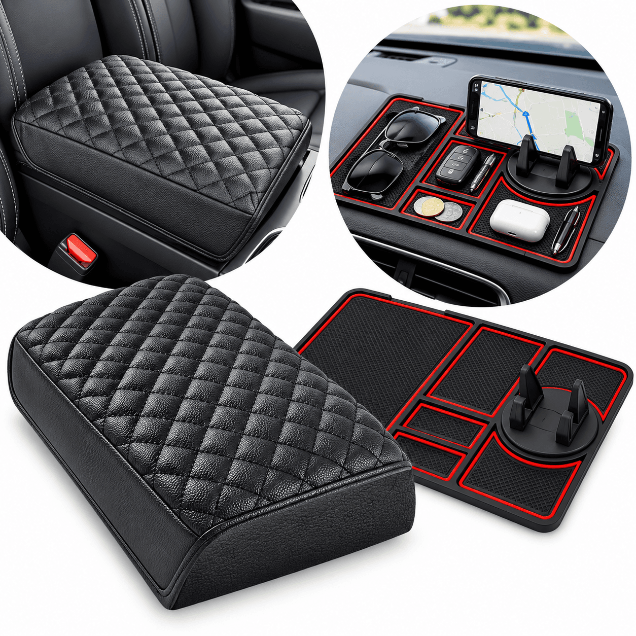 Pack voiture Support téléphone antidérapant et coussin accoudoir