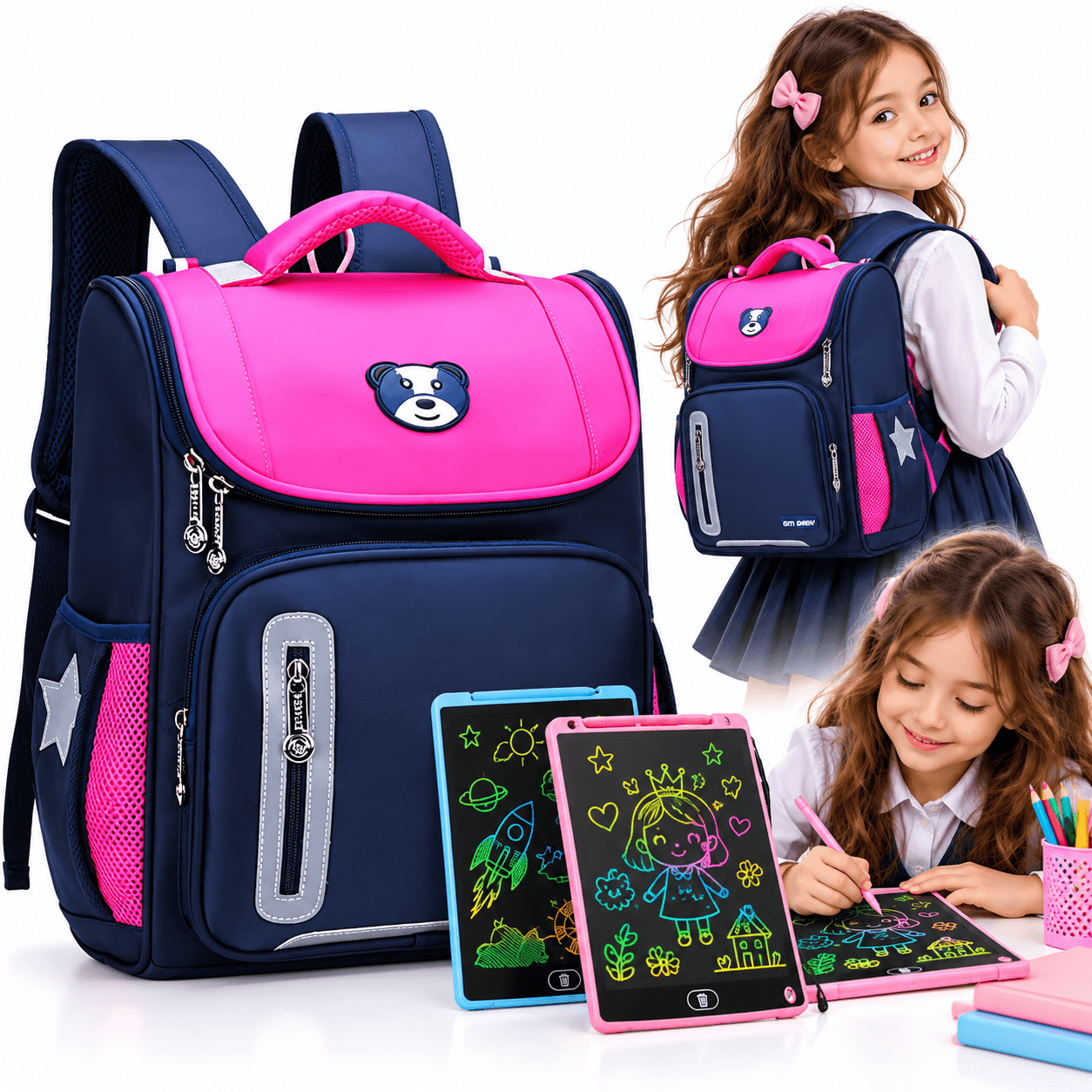 Sac à Dos orthopédique d’école primaire et Tablet LCD pour Enfants Cadeau - Rose